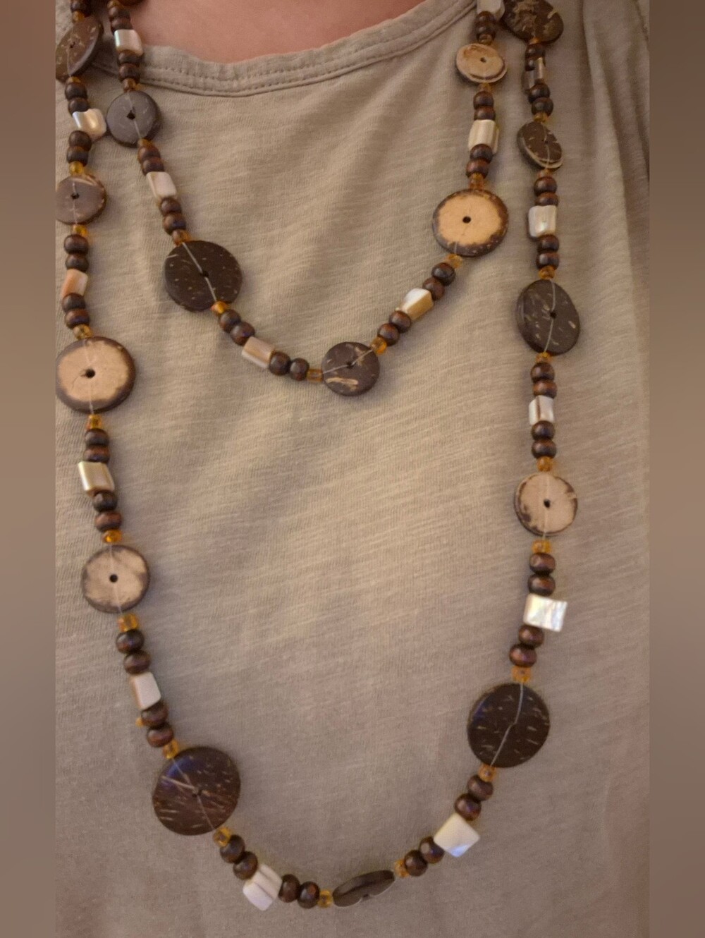 Vibtage Beaded Coconut Disk Layered Necklace - Brown